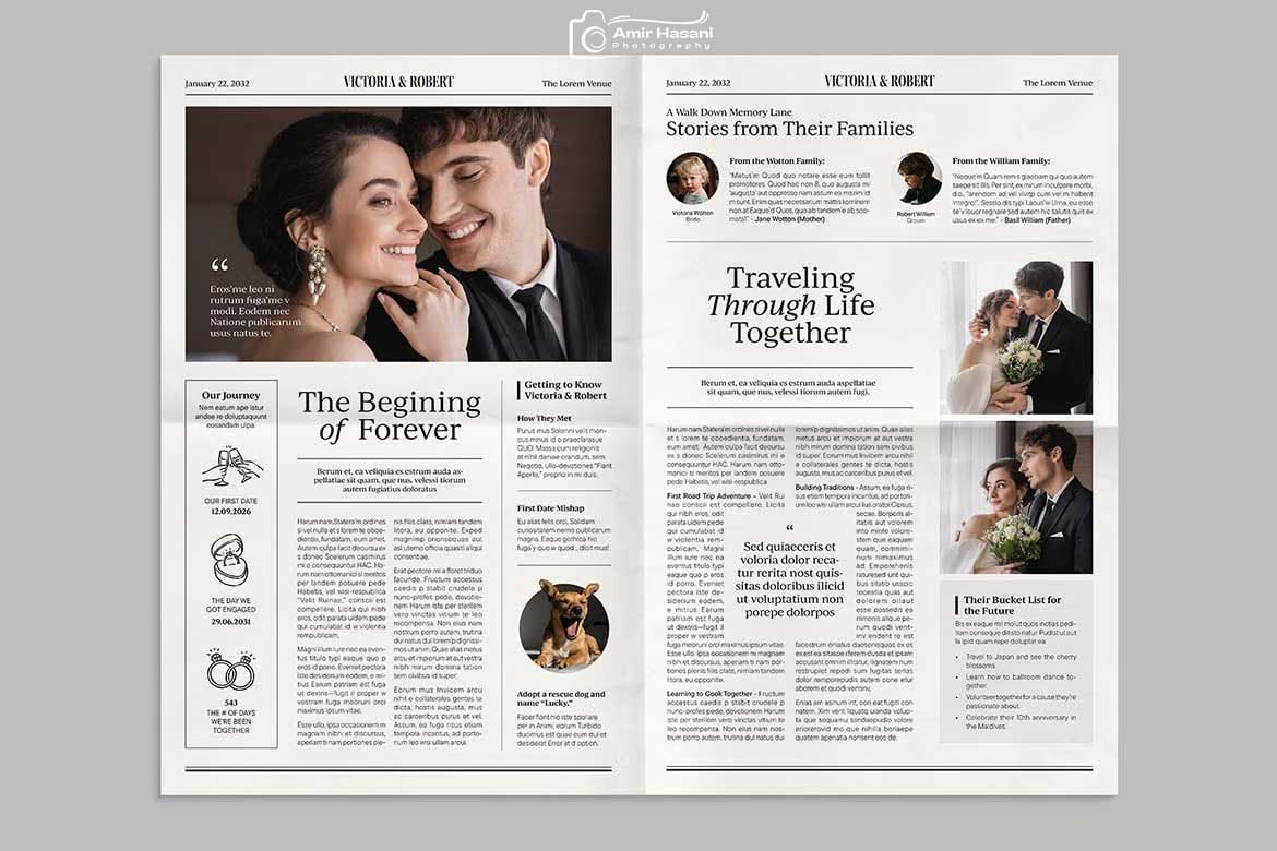 دانلود قالب روزنامه عروسی، فایل‌های لایه‌باز InDesign و Canva