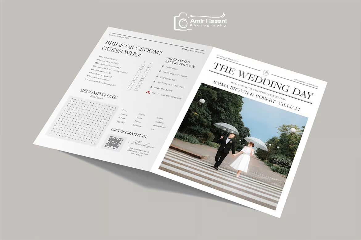 دانلود قالب برنامه روز عروسی با تم کلاسیک روزنامه، InDesign و Canva​