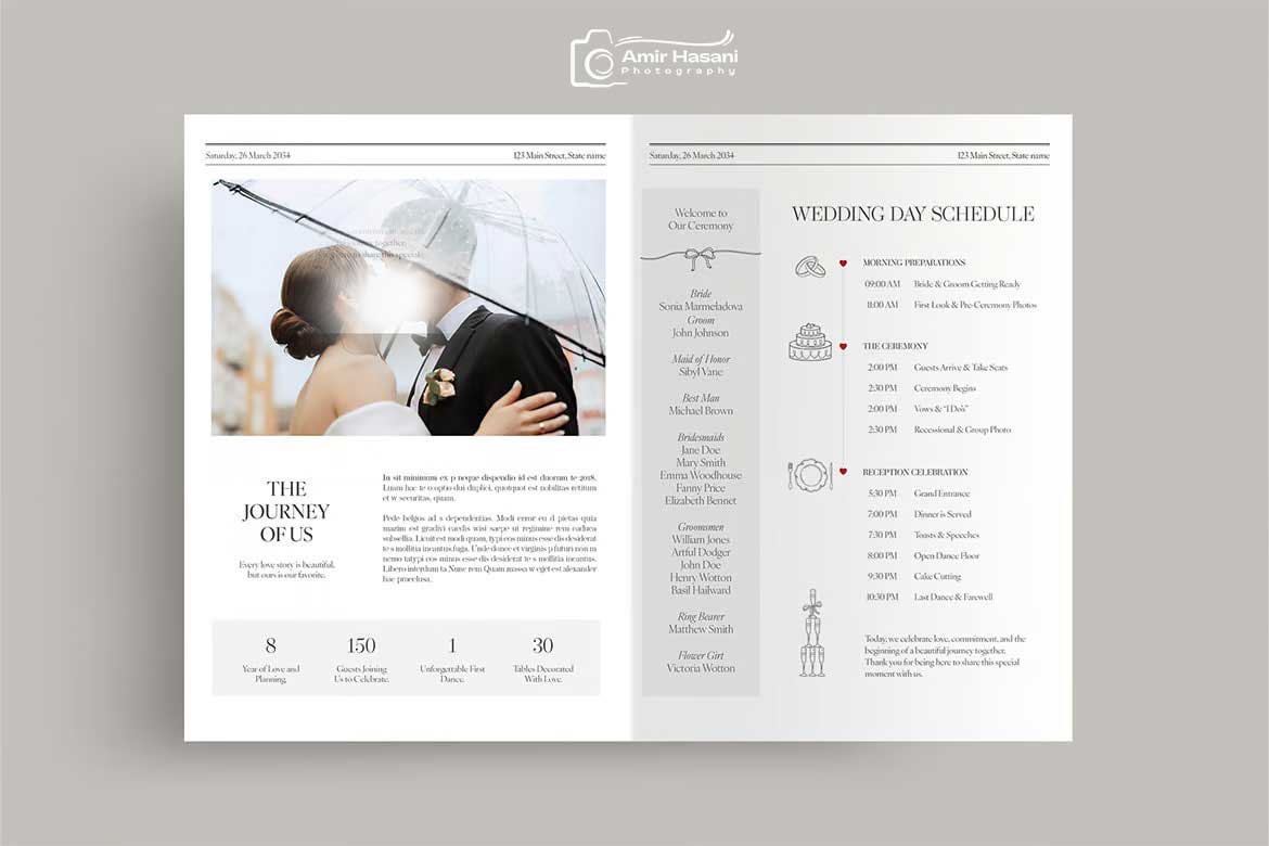 دانلود قالب برنامه روز عروسی با تم کلاسیک روزنامه، InDesign و Canva​
